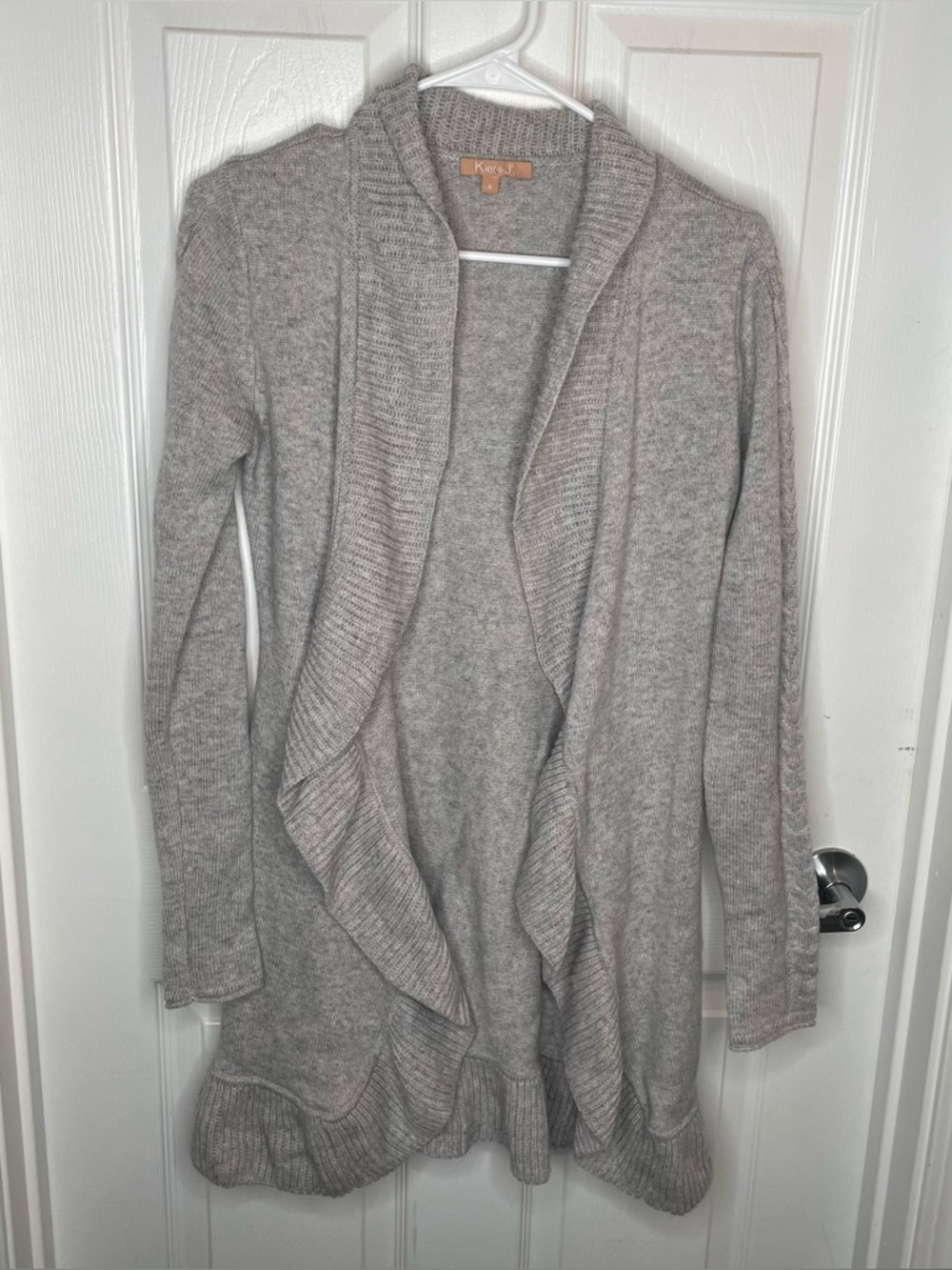 Kier + J Wool Cashmere Blend Ruffle Longline Cardigan Quiet Luxury in Gray S